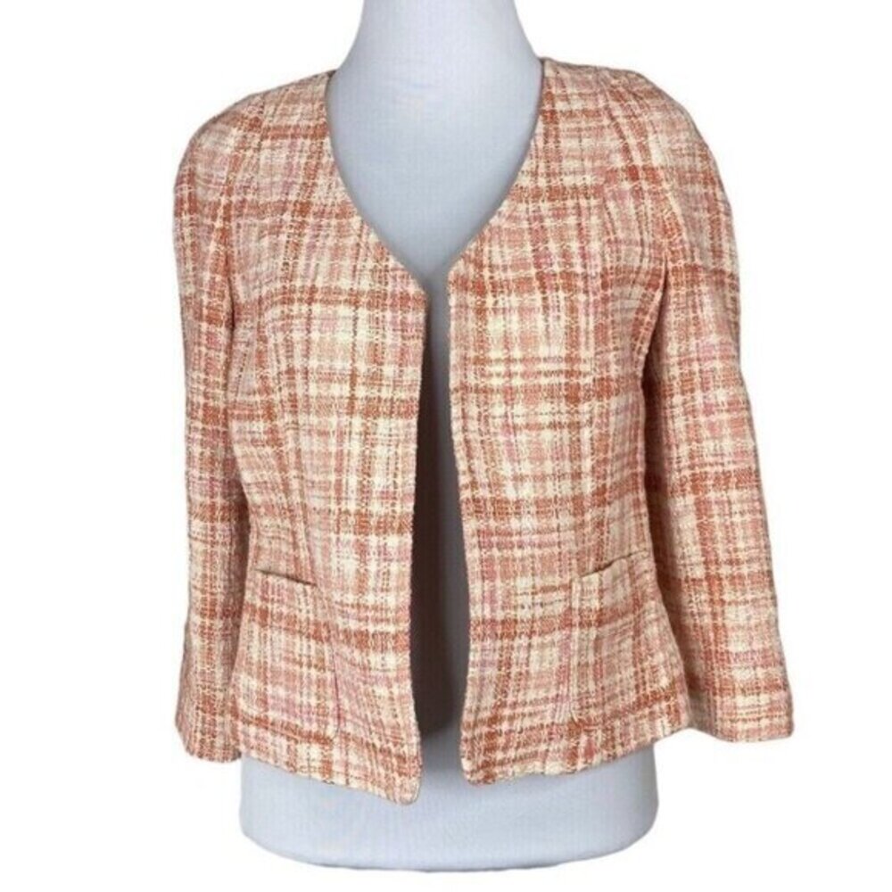 Talbots Gracie Tweed Blazer Coral Pink Plaid Open Front Jacket Womens Size 6‎